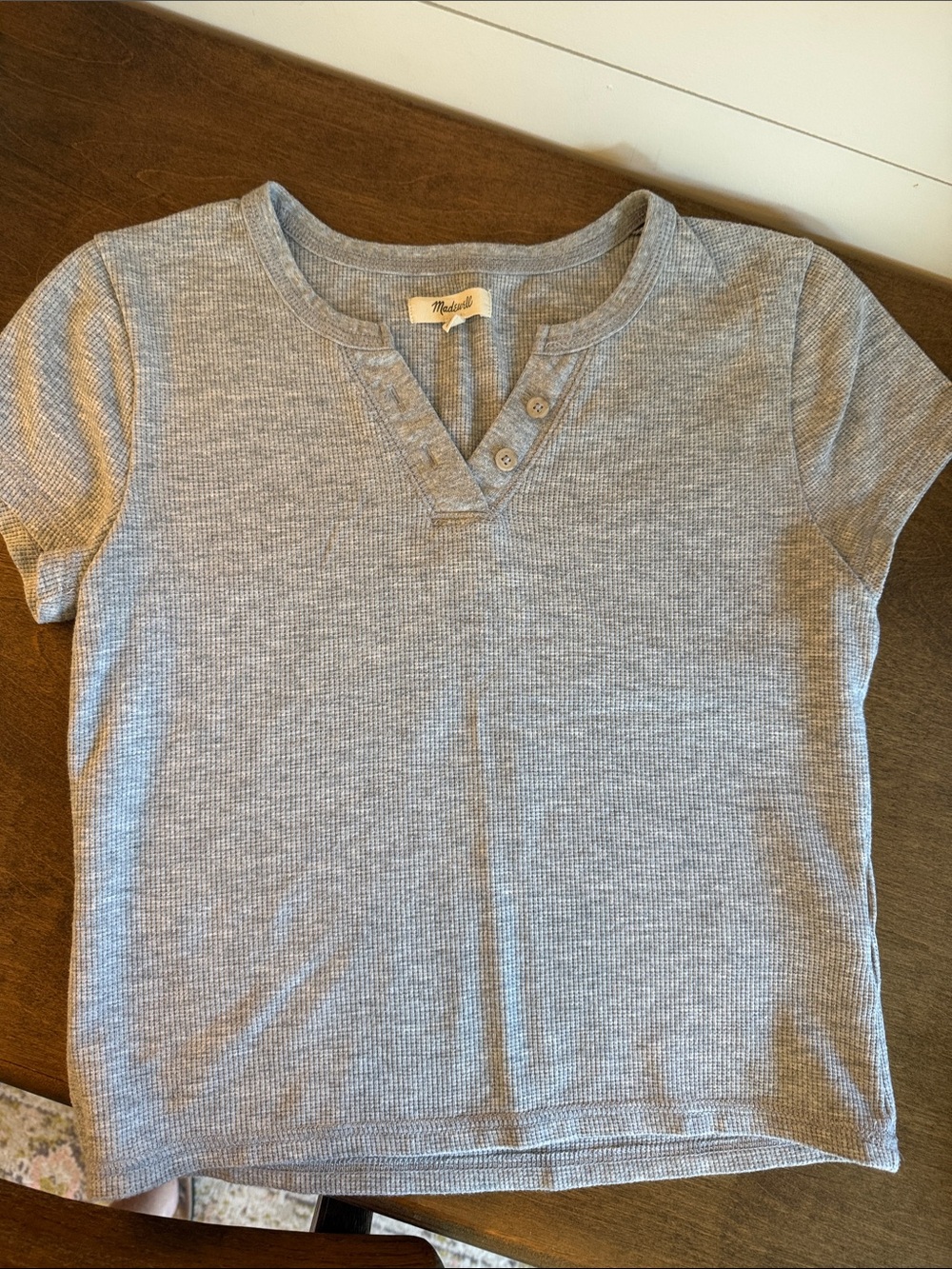 Madewell Short-Sleeve Ribbed Henley Top - Light Gray Heather
